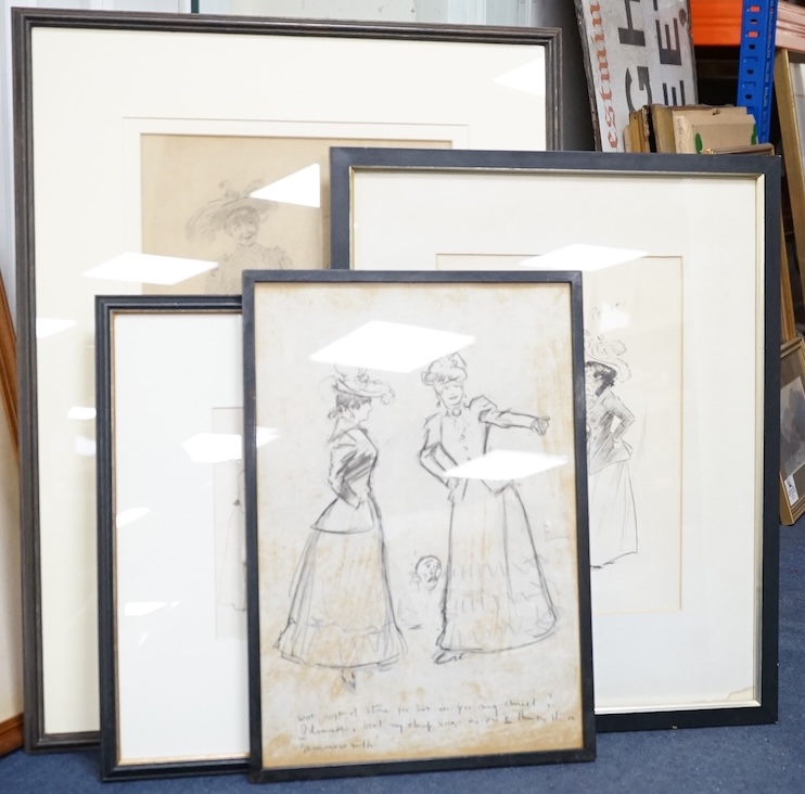 Phil May (1864-1903), four monochrome ink and charcoal figural cartoons and caricatures to include ‘Garn’, each is signed, some with inscriptions, largest 36 x 25cm. Condition - fair